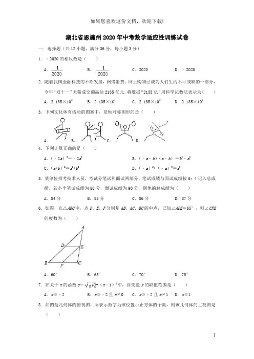 湖北省恩施州2020年中考数学适应性训练试卷(含解析)