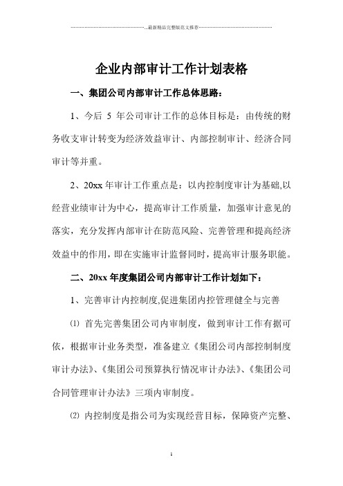 企业内部审计精品工作计划表格