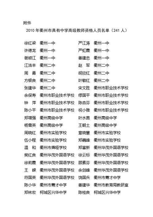 2010年衢州市具有中学高级教师资格人员名单(241人)