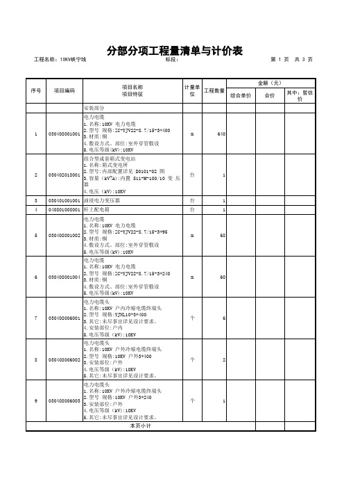 10kV电力线路改造工程量清单