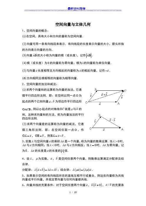 高二数学选修2-1第三章空间向量与立体几-知识点+习题+答案