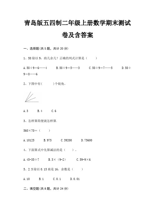 青岛版五四制二年级上册数学期末测试卷含答案