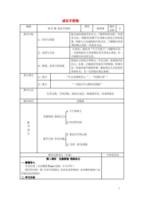 七年级政治下册 第17课 成长不烦恼教学设计 苏教版