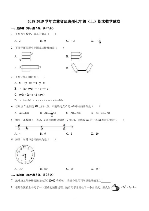吉林省延边州2018-2019学年七年级(上)期末数学试卷(含答案解析)