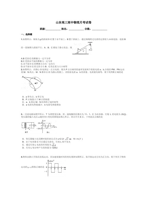 山东高三高中物理月考试卷带答案解析
