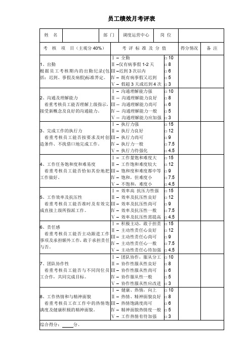 调度运营中心绩效考核表