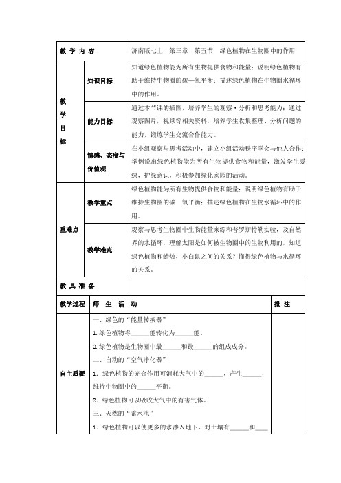 3.5 绿色植物在生物圈中的作用 教案(济南版七年级上)