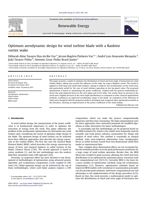 Optimum aerodynamic design for wind turbine blade with a Rankine vortex wake