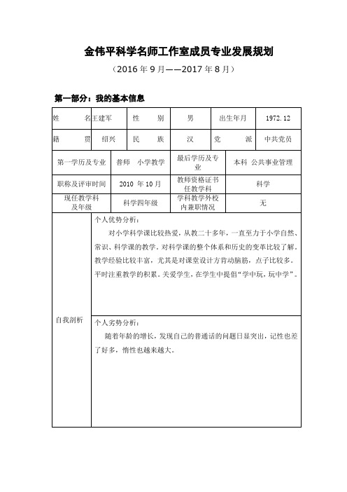 金伟平科学名师工作室成员专业发展规划