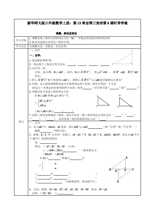 新华东师大版八年级数学上册：第13章    全等三角形  第8课时  导学案(无答案)