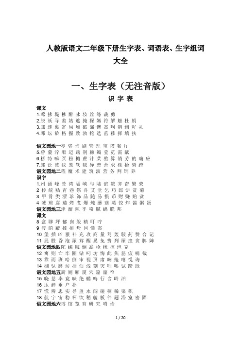 最新人教版语文二年级下册生字表、词语表、生字组词大全