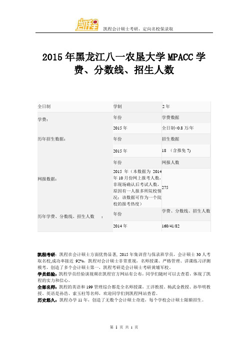 2015年黑龙江八一农垦大学MPACC学费、分数线、招生人数
