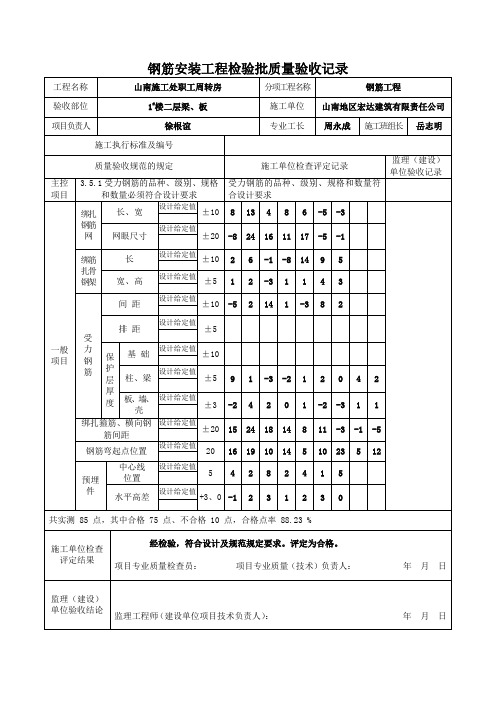 钢筋安装工程检验批质量验收记录(1#楼)