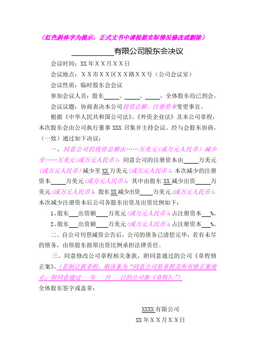 减资的股东决定(股东会决议、董事会决议)(变更前)