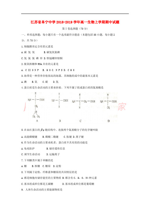 江苏省阜宁中学2018-2019学年高一生物上学期期中试题
