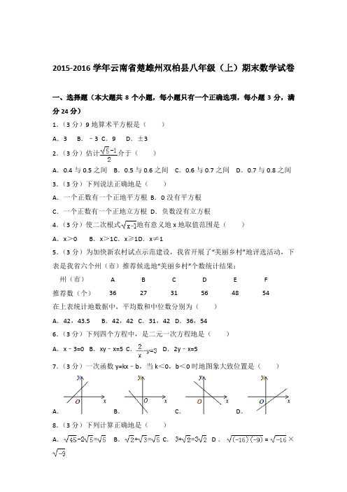 2015-2016年云南省楚雄州双柏县八年级(上)期末数学试卷和解析答案