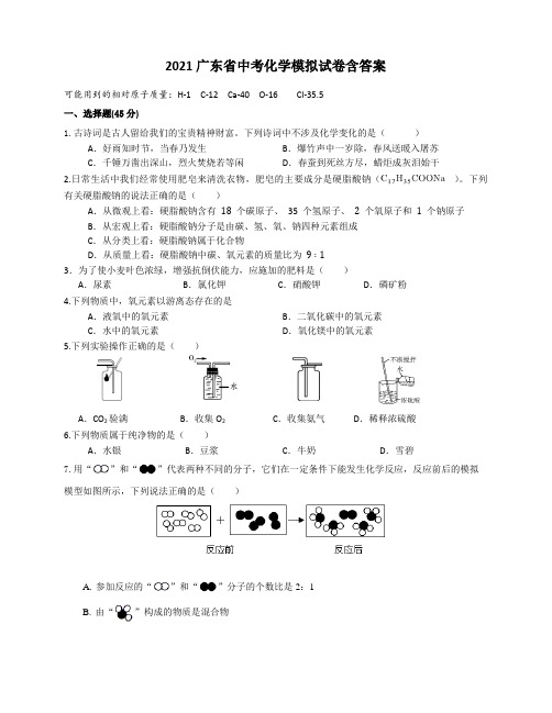 2021年广东省中考化学模拟试卷(含答案)