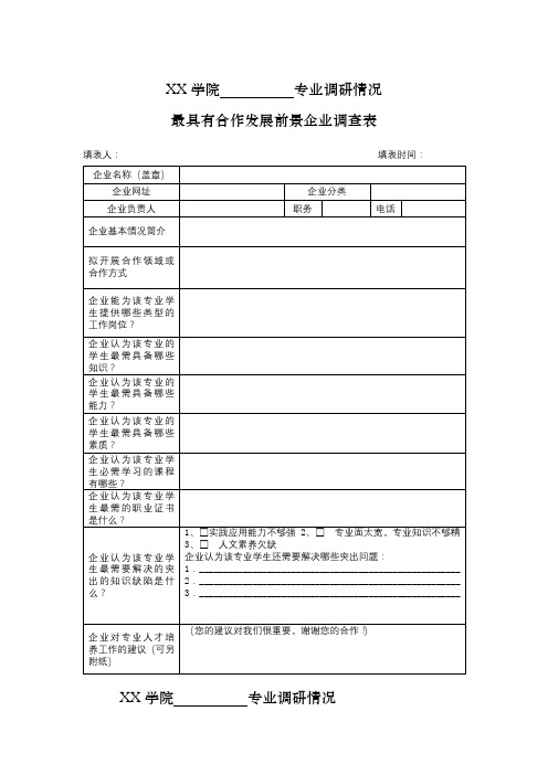 XX学院专业调研情况最具有合作发展前景企业调查表【模板】