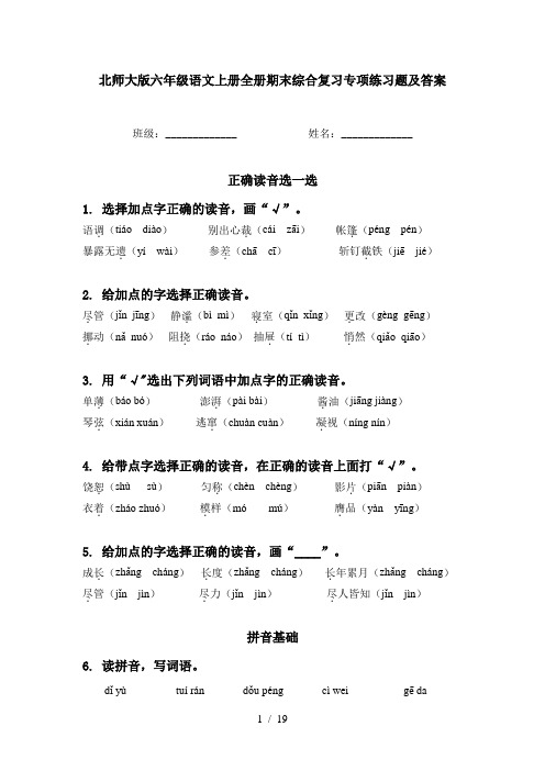 北师大版六年级语文上册全册期末综合复习专项练习题及答案