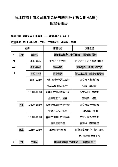 浙江省拟上市公司董秘培训班课程安排表