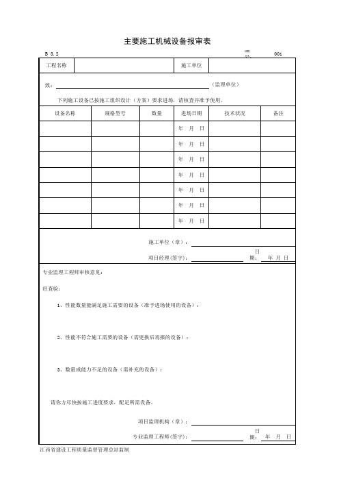 主要施工机械设备报审表范例