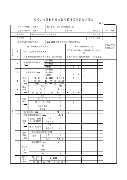 模板支架和拱架安装检验批质量验收记录表