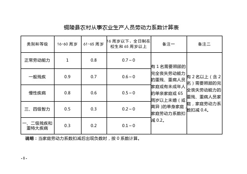 铜陵农村从事农业生产人员劳动力系数计算表