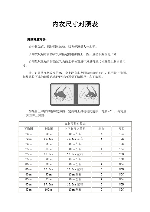 内衣尺寸对照表