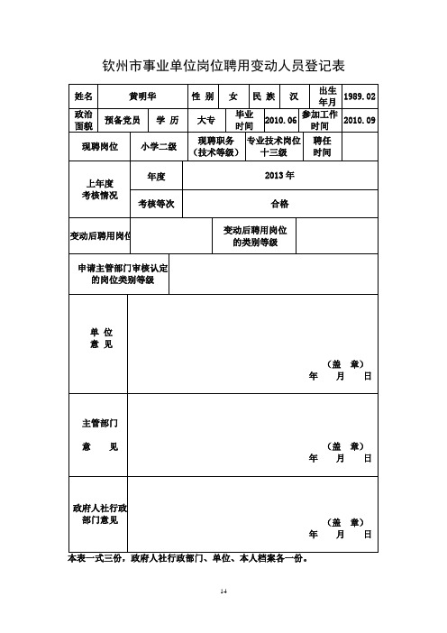 钦州市事业单位岗位聘用变动人员登记表
