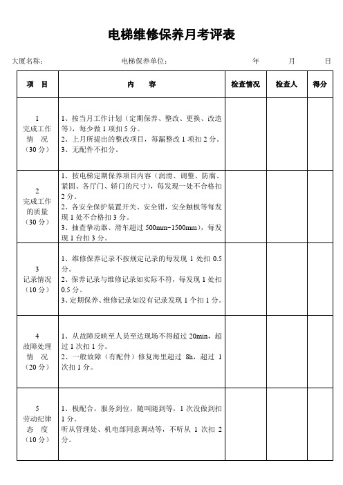 电梯维修保养月考评表