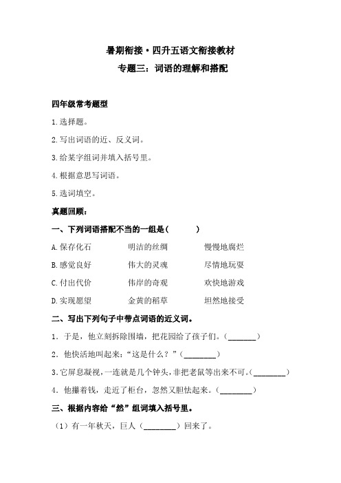 【暑期衔接】 四升五语文衔接教材 专题三·词语的理解和搭配   同步练习(含答案)人教统编版