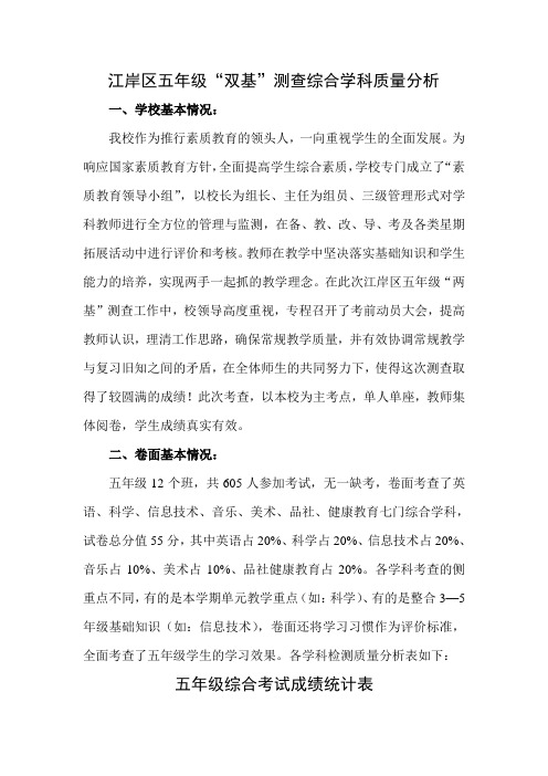 五年级综合考试成绩统计表