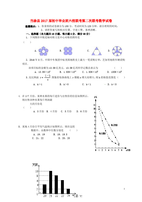 安徽当涂2017届初中数学毕业班六校第二次联考