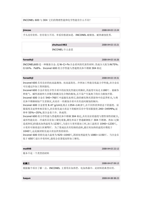 INCONEL 600与304 它们的物理性能和化学性能有什么不同