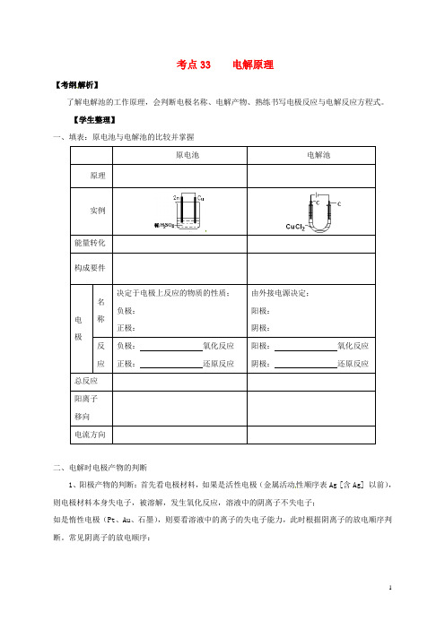 山西省忻州市第一中学2017届高三化学一轮复习 考点33 电解原理学案 精