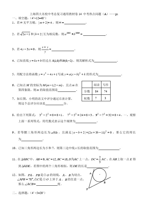 上海四大名校中考总复习数学通用辅导材料初三复习基本训练卷--中考热点问题(A)
