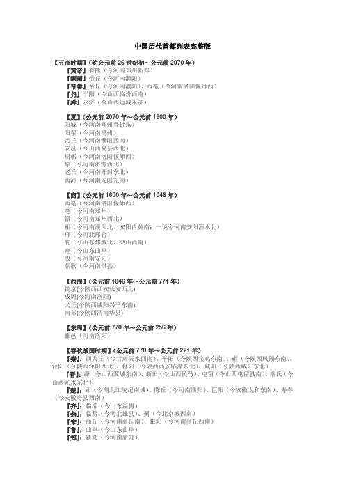 中国历代首都列表完整版