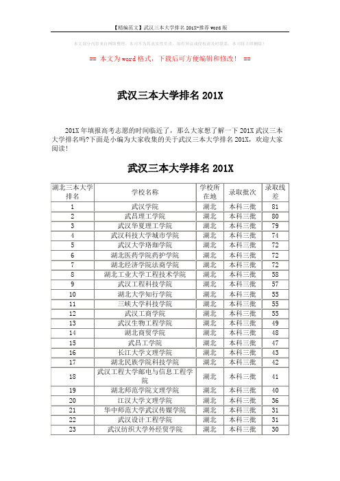 【精编范文】武汉三本大学排名201X-推荐word版 (2页)
