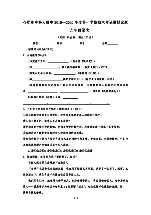 安徽省合肥市中科大附中2019-2020学年第一学期期末九年级语文模拟试题(含答案)