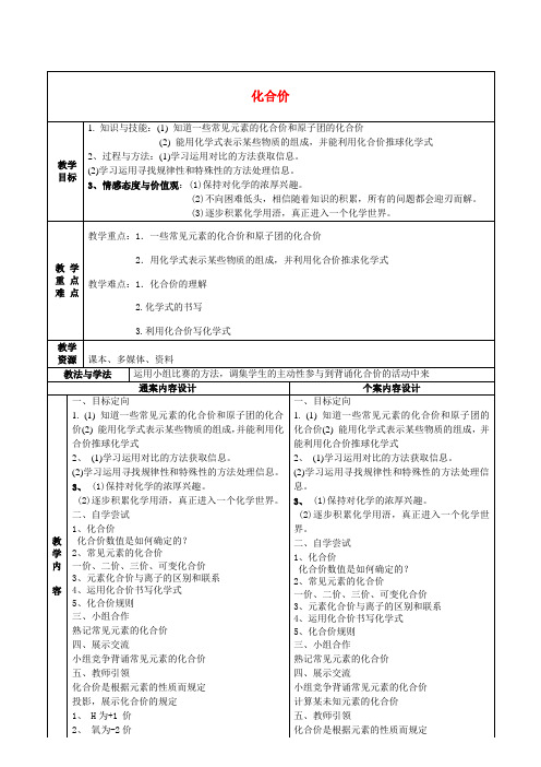 八年级化学 5 化合价教案1 鲁教版五四制