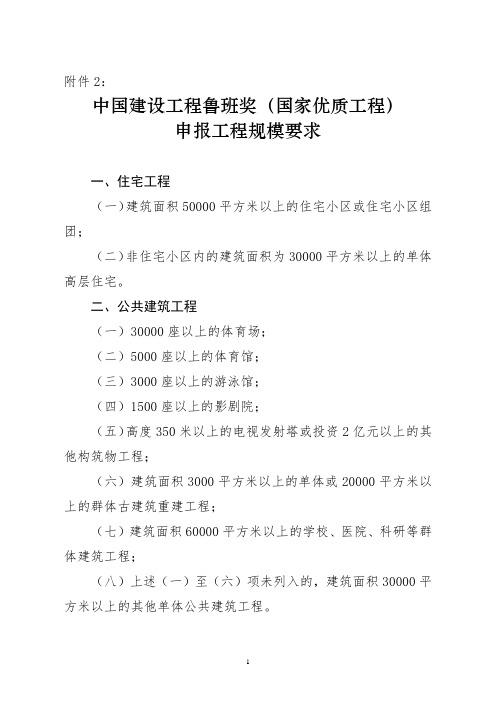 中国建设工程鲁班奖(国家优质工程)申报工程规模要求