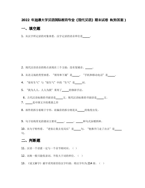 2022年湘潭大学汉语国际教育专业《现代汉语》期末试卷B(有答案)