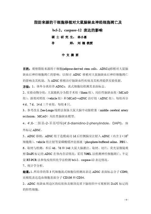 脂肪来源的干细胞移植对大鼠脑缺血神经细胞凋亡及bcl-2、caspase-12表达的影响