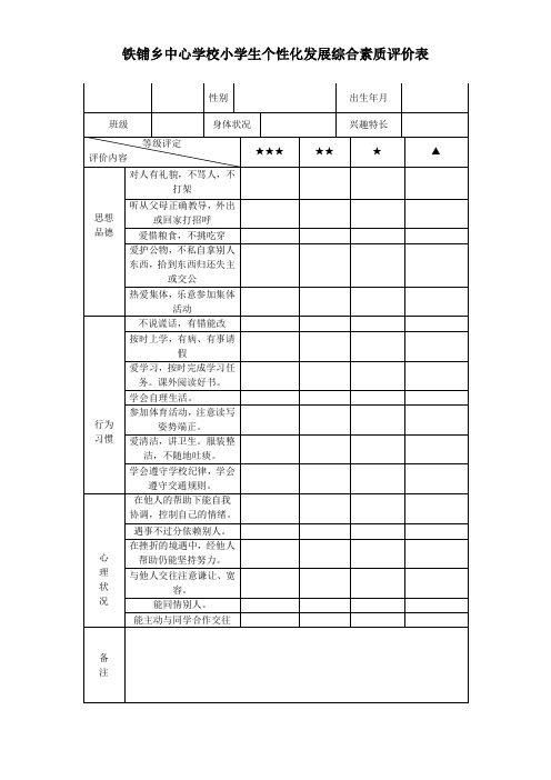 铁铺乡中心学校小学生个性化发展综合素质评价表