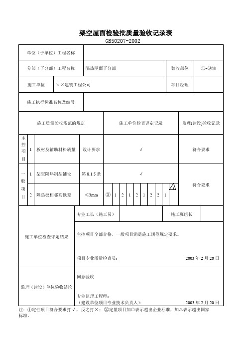 架空屋面检验批质量验收记录表