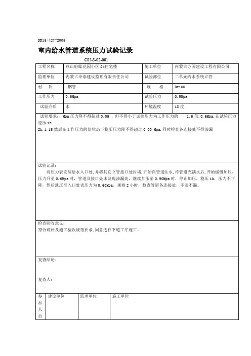 室内给水管道系统压力试验记录要点