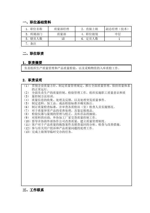 质量部经理职位说明书
