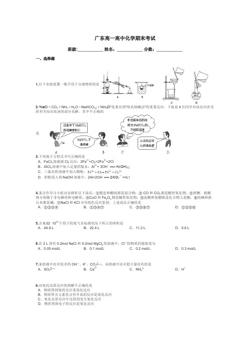 广东高一高中化学期末考试带答案解析
