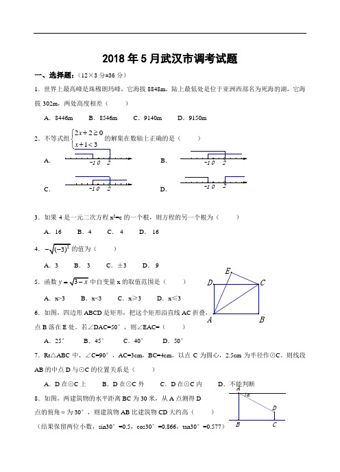 最新-2018年5月新人教版武汉市中考数学调考试题 精品