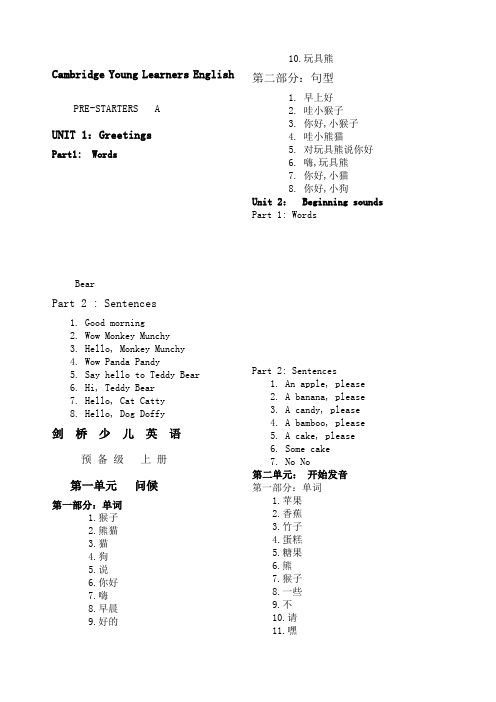 剑桥少儿英语预备级上册各单元知识重点总结